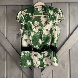 Y2K‎ Vintage Studio Y Mandarin Satin Blouse with belt emerald ivory floral Asian